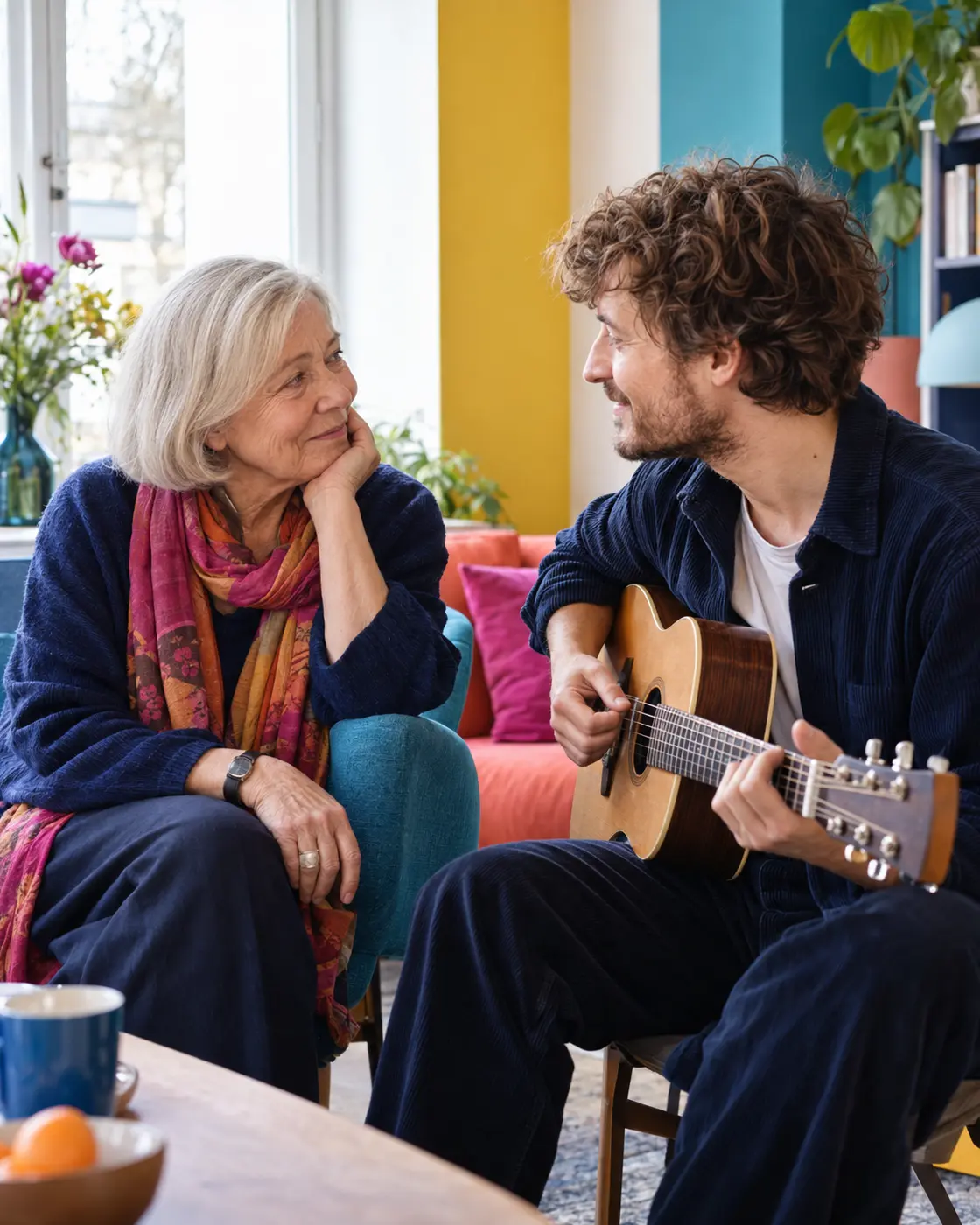 Älterer Mensch und jüngere Musikfachkraft im aufmerksamen Austausch auf Augenhöhe